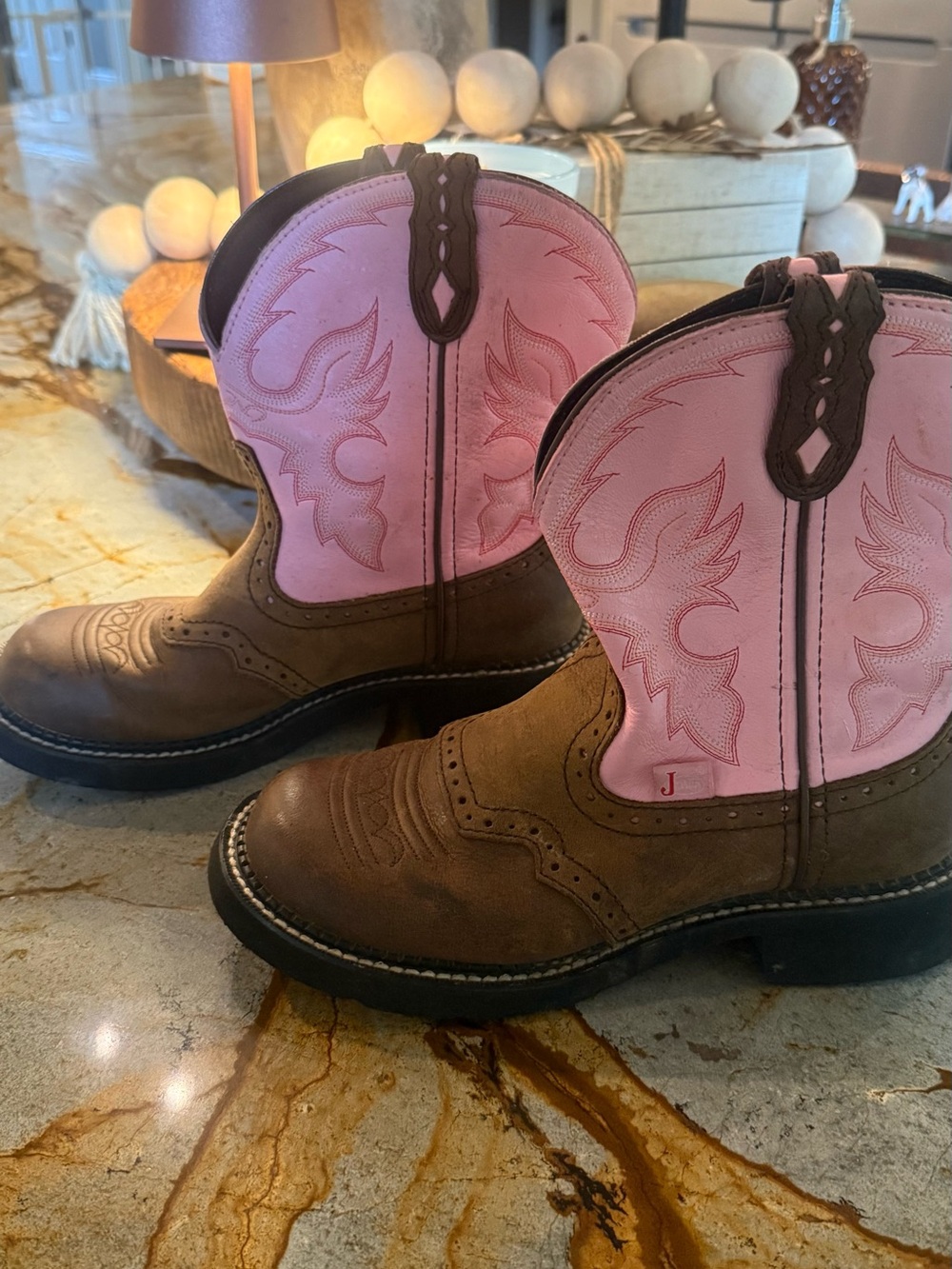 Justin Boots Brown Foot with Pink Shaft Girls' Western Ankle Booties